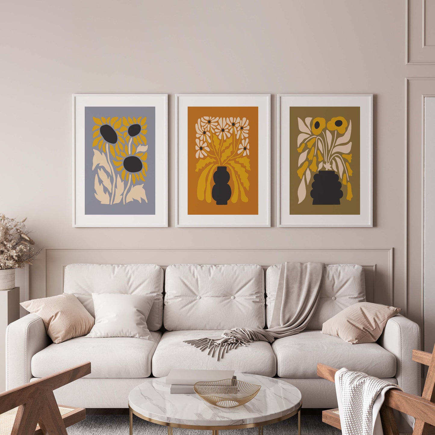 Mid century modern flower prints in a set of 3 with a minimalist retro style