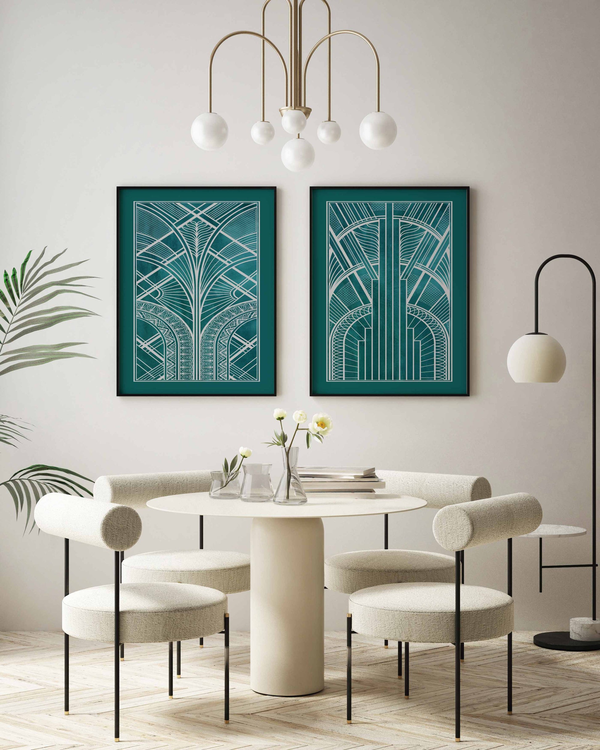 Art deco set of prints in silver and teal