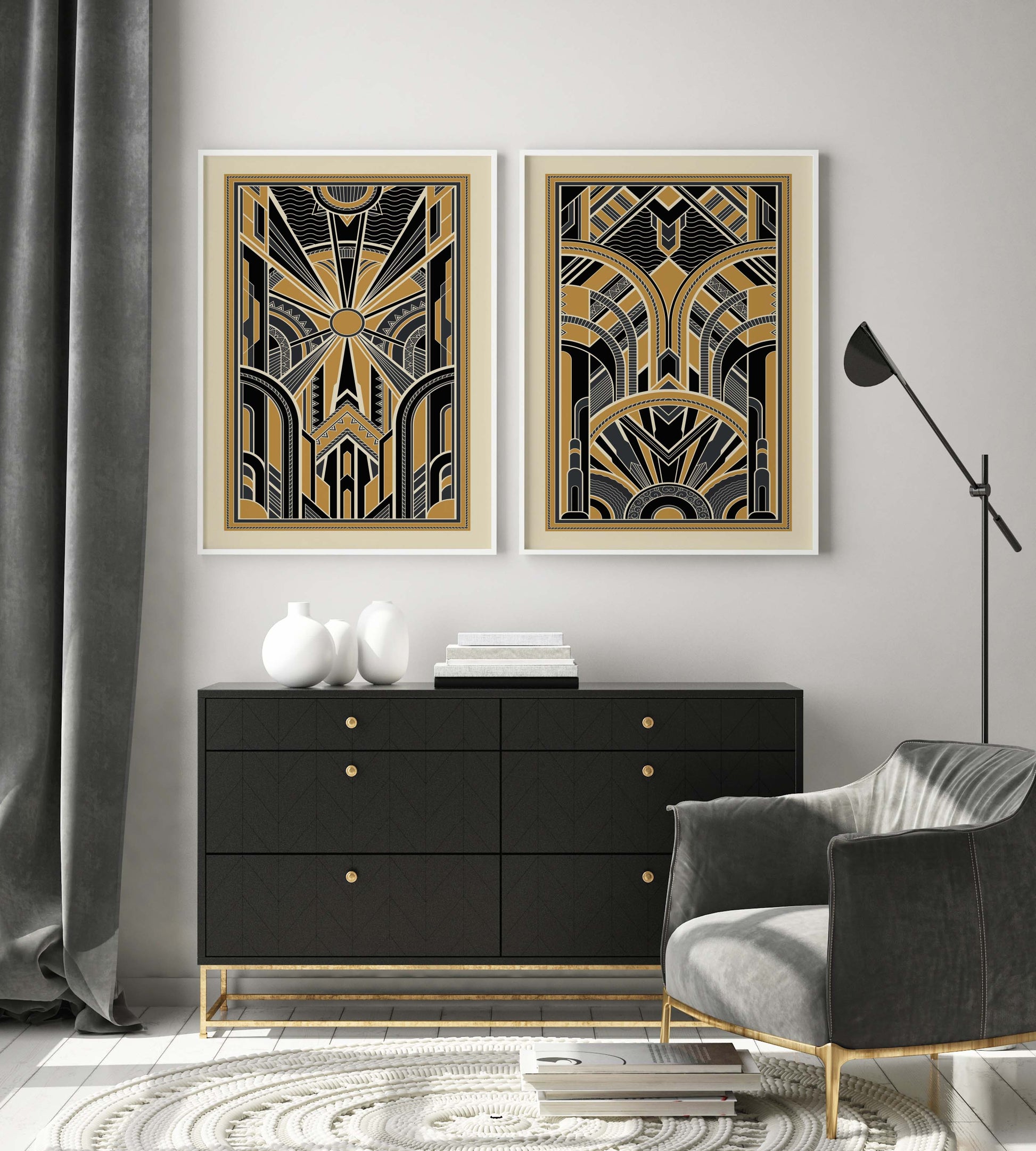 Set of 2 art deco posters with symmetrical pattern in black and gold