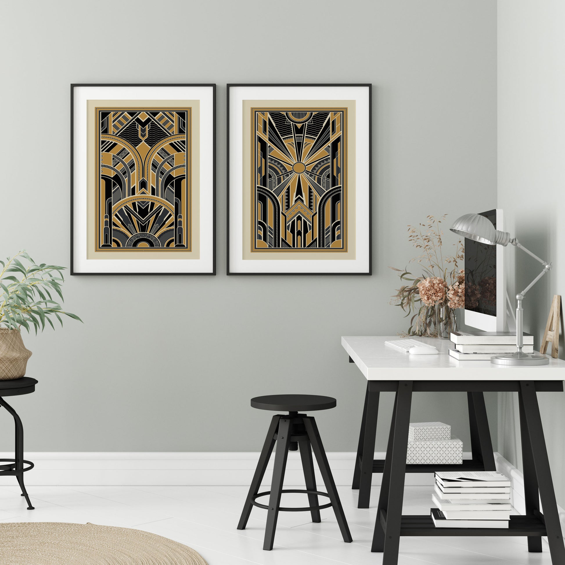 Art deco pattern posters in black and gold, set of 2