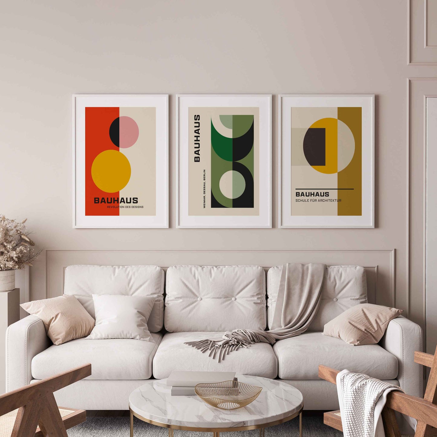 Bauhaus posters in a set of 3 in red, green and yellow