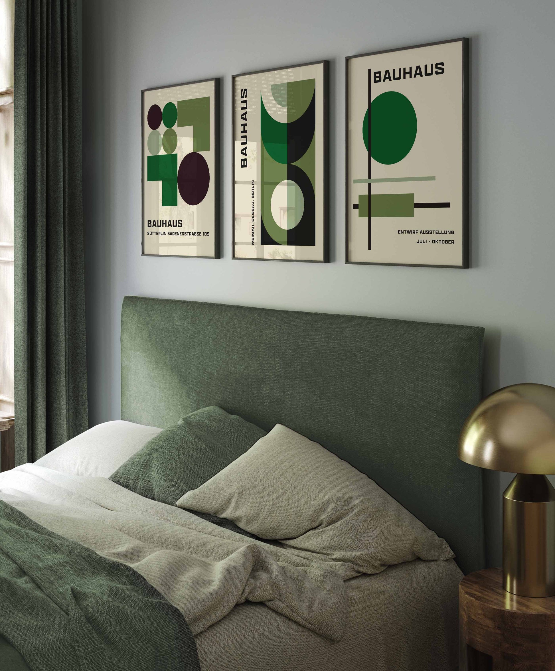 Set of 3 minimalist Bauhaus wall art prints in green