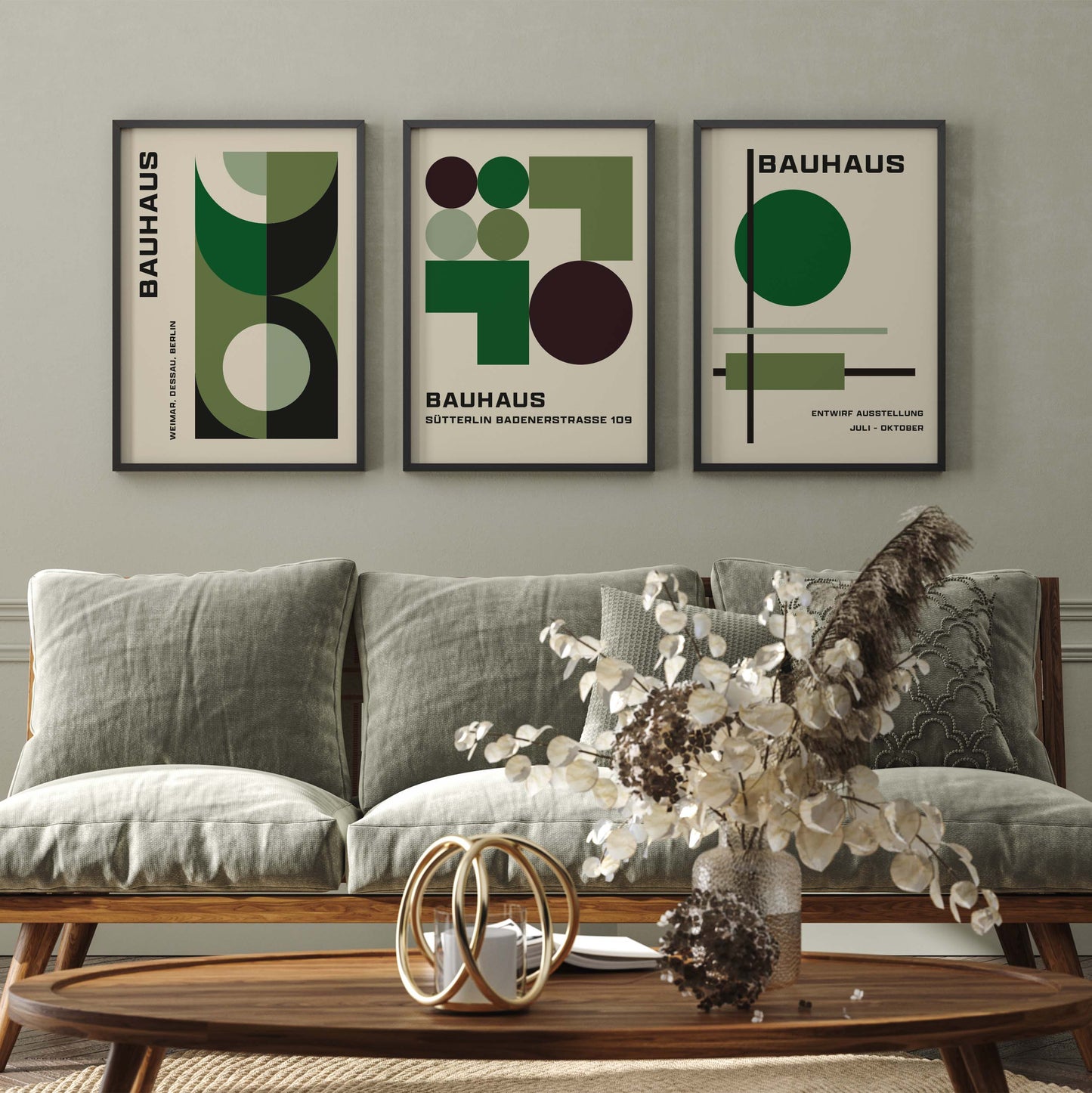 Set of 3 green Bauhaus prints