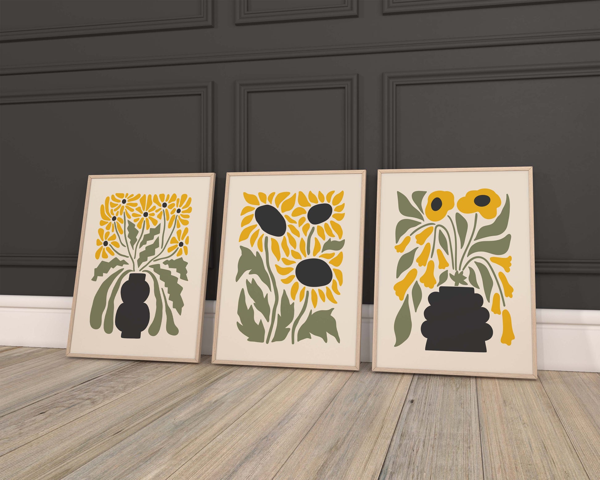 Green yellow flower posters in a set of 3