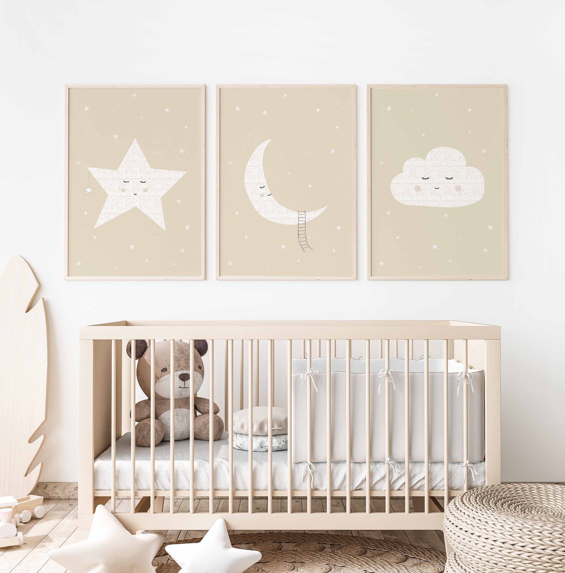 Beige nursery prints in a set of 3, moon, star and cloud designs