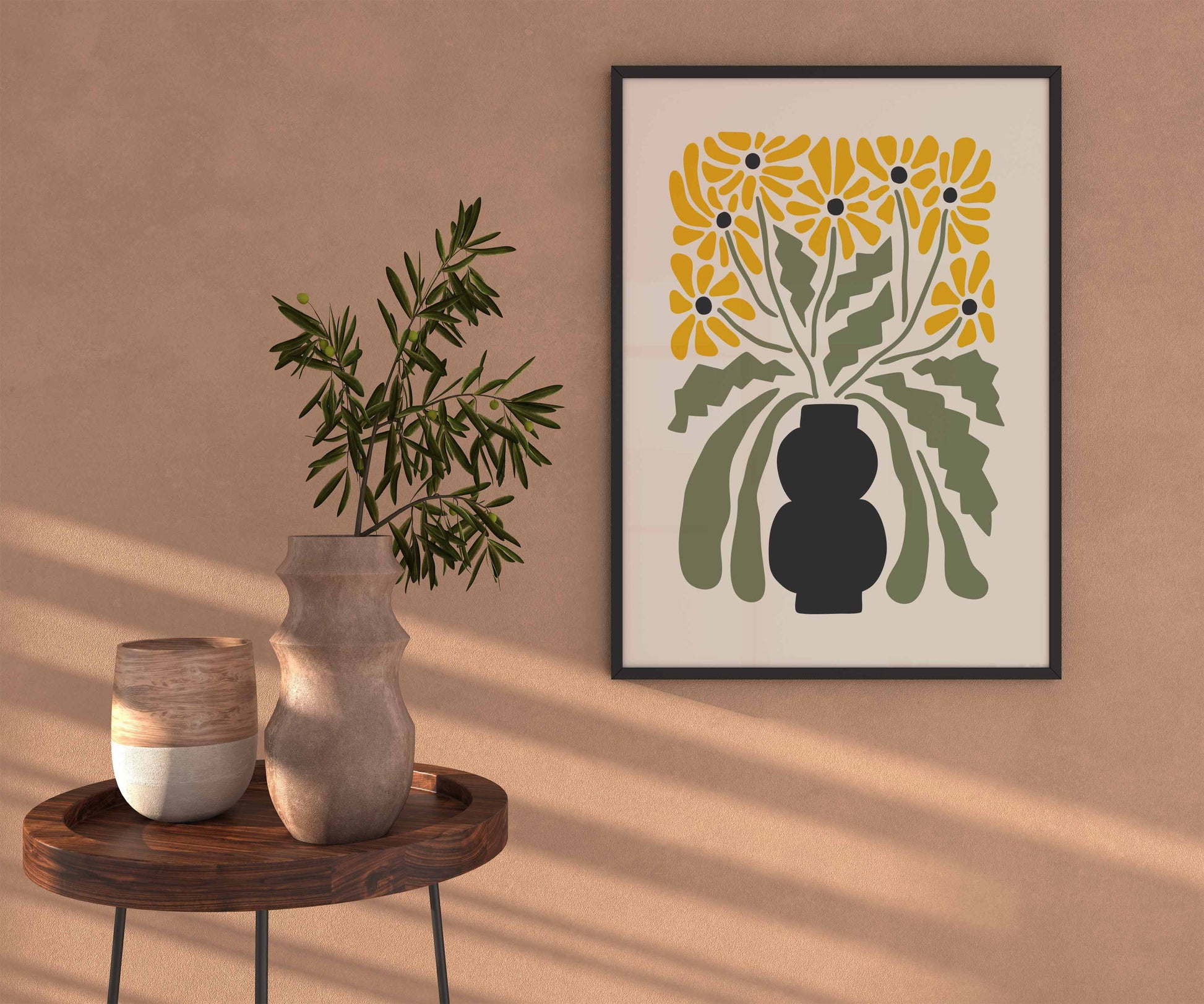 Flower wall art print in green and yellow