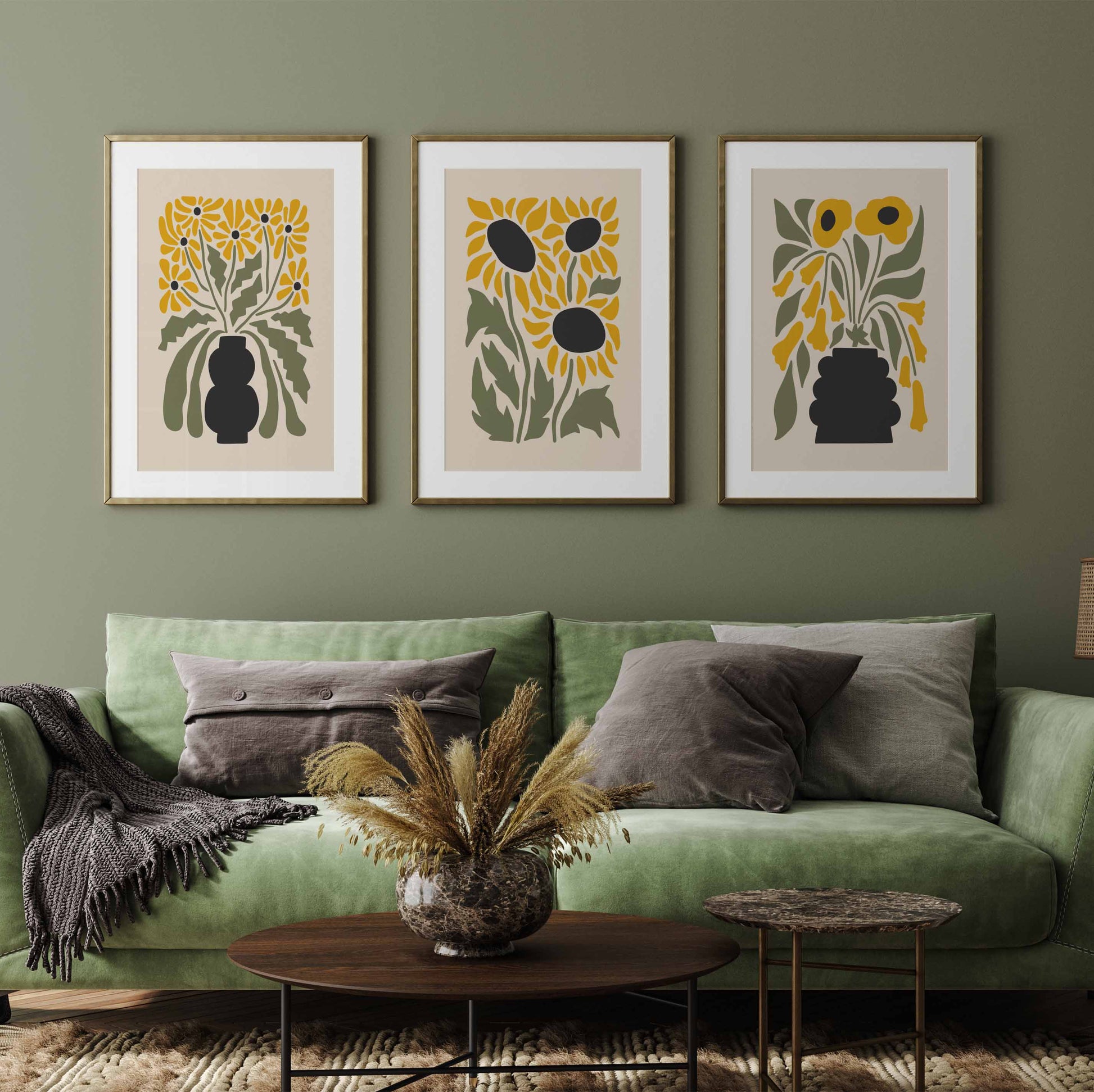 Set of 3 flower wall art prints in yellow and green