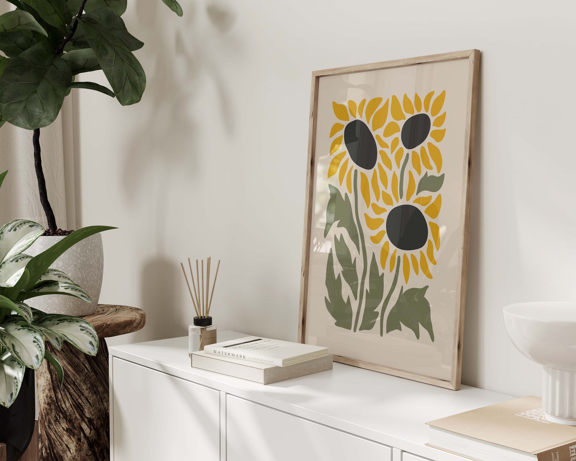 Yellow and green sunflower poster in a minimalist style
