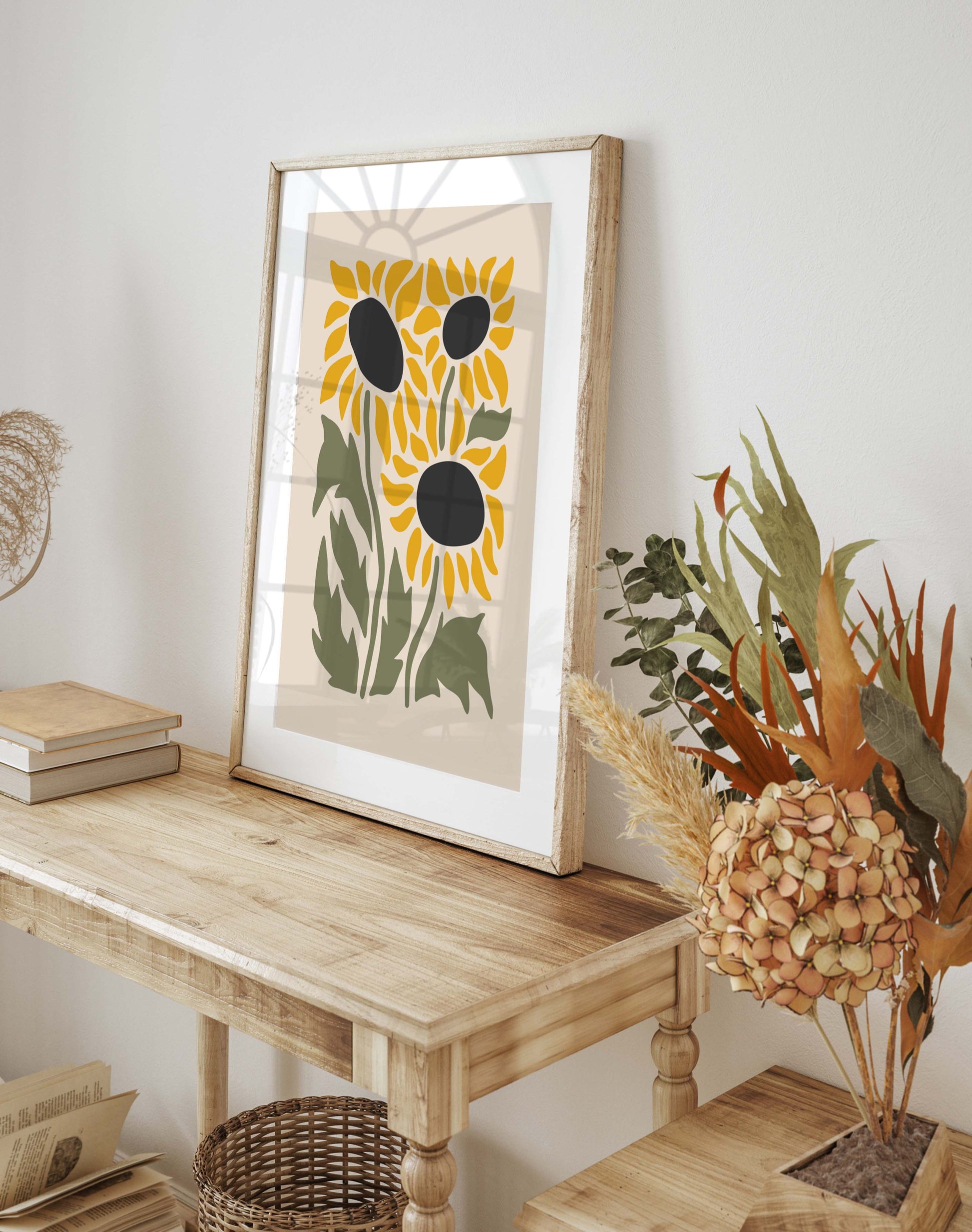 Sunflower print in yellow and green in a minimalist style
