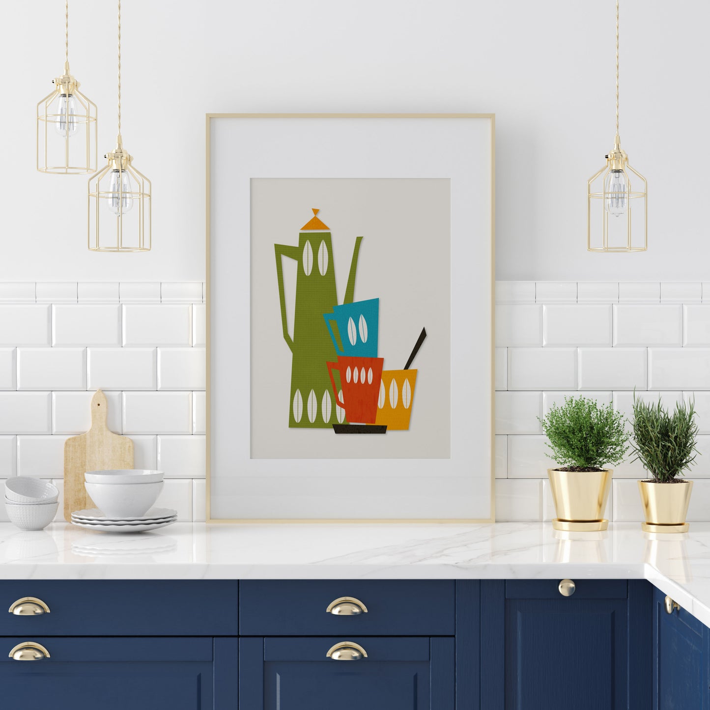 Colourful kitchen wall art print with retro teapot and mugs