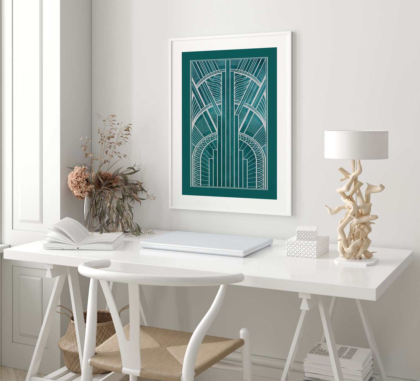 Teal art deco poster with silver detail
