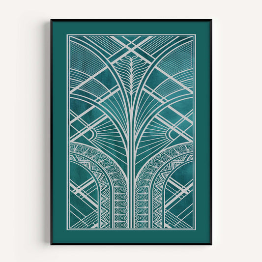 Teal and silver art deco print