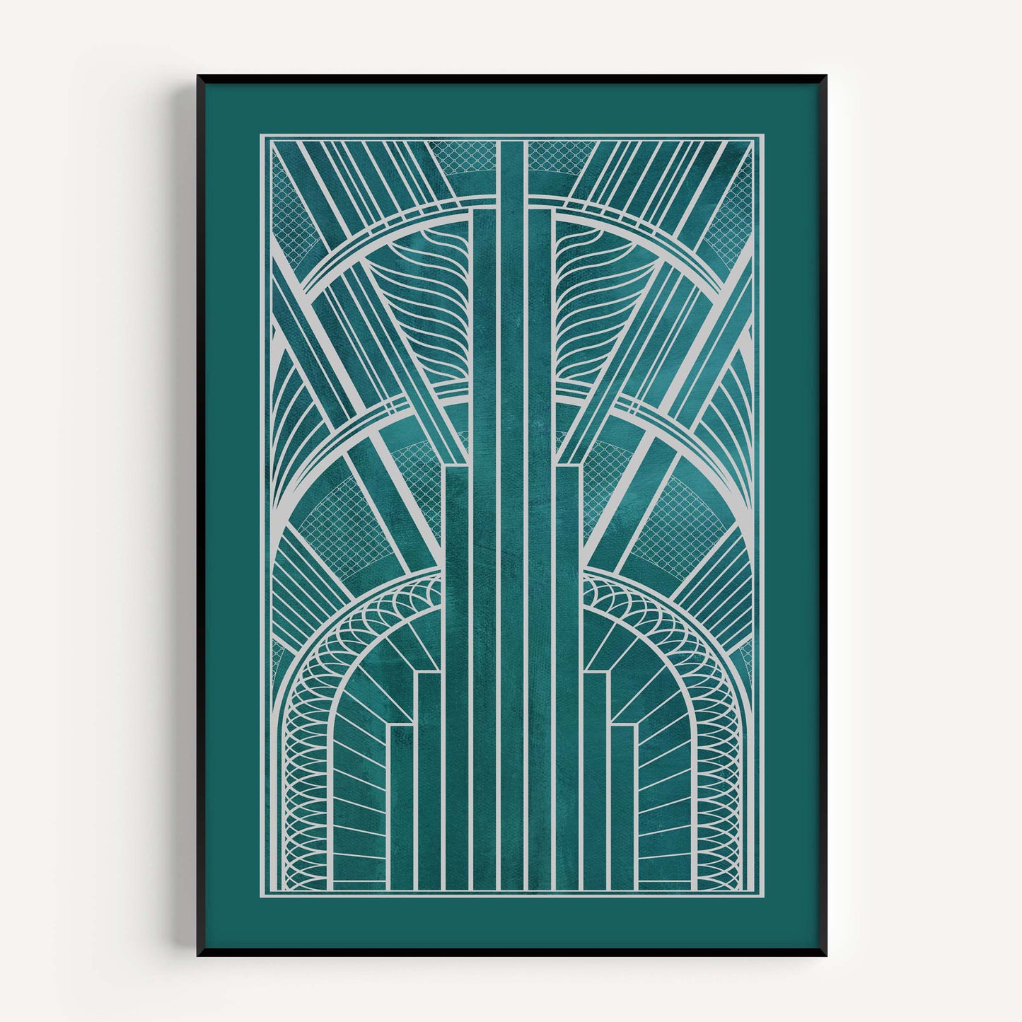 Teal art deco print with silver detail
