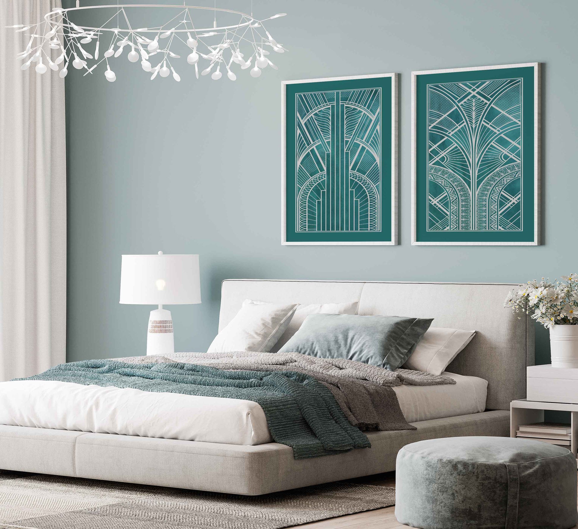 Art deco poster set with geometric patterns in silver and teal, set of 2 prints